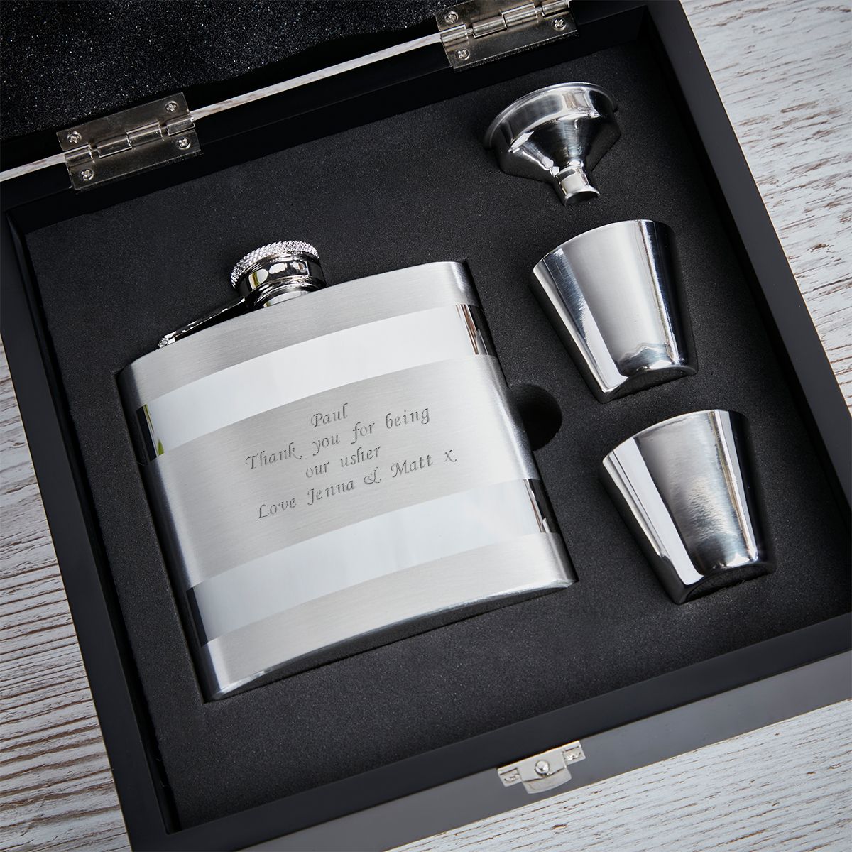 Personalised Wedding Best Man Gift/Keepsake Box Silver Chrome Hip Flask 